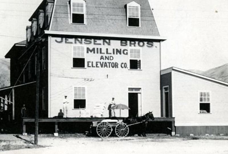 Archival photograph of the Jensen Bros. Milling and Elevator Co. building with a horse-drawn wagon parked out front